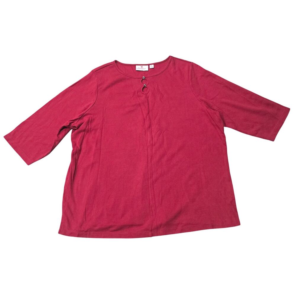 Quacker Factory Red 3/4 Sleeve Shirt with Rhinestone Keyhole Detail
